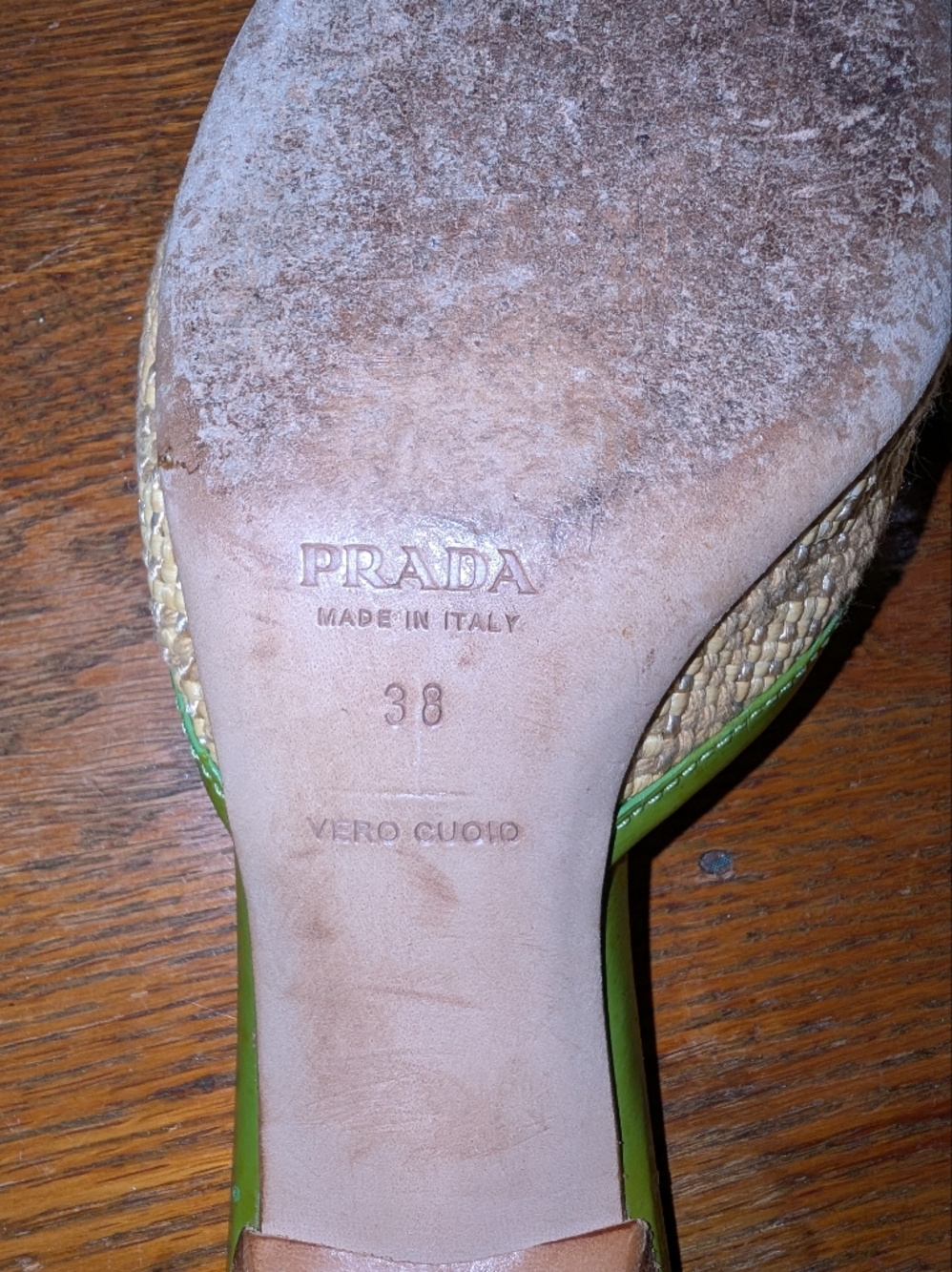 Prada Pink Leather & Natural Raffia Pointed Toe Mules with Green Trim - Picture 4 of 4